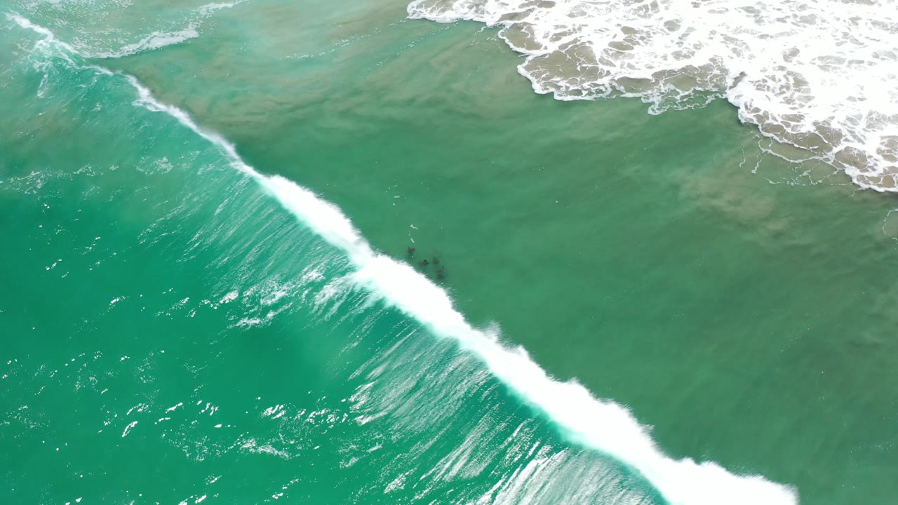 An overhead view in Los Cabos, Mexico shows a thin white wave breaking diagonally across turquoise-green water, with no visible people.