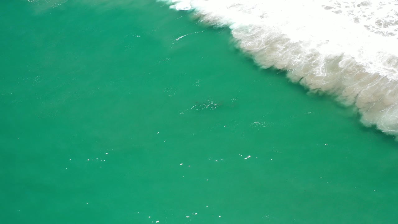 Overhead view of green ocean water in Los Cabos, Mexico, with white surf foam entering from the upper right and no visible people.
