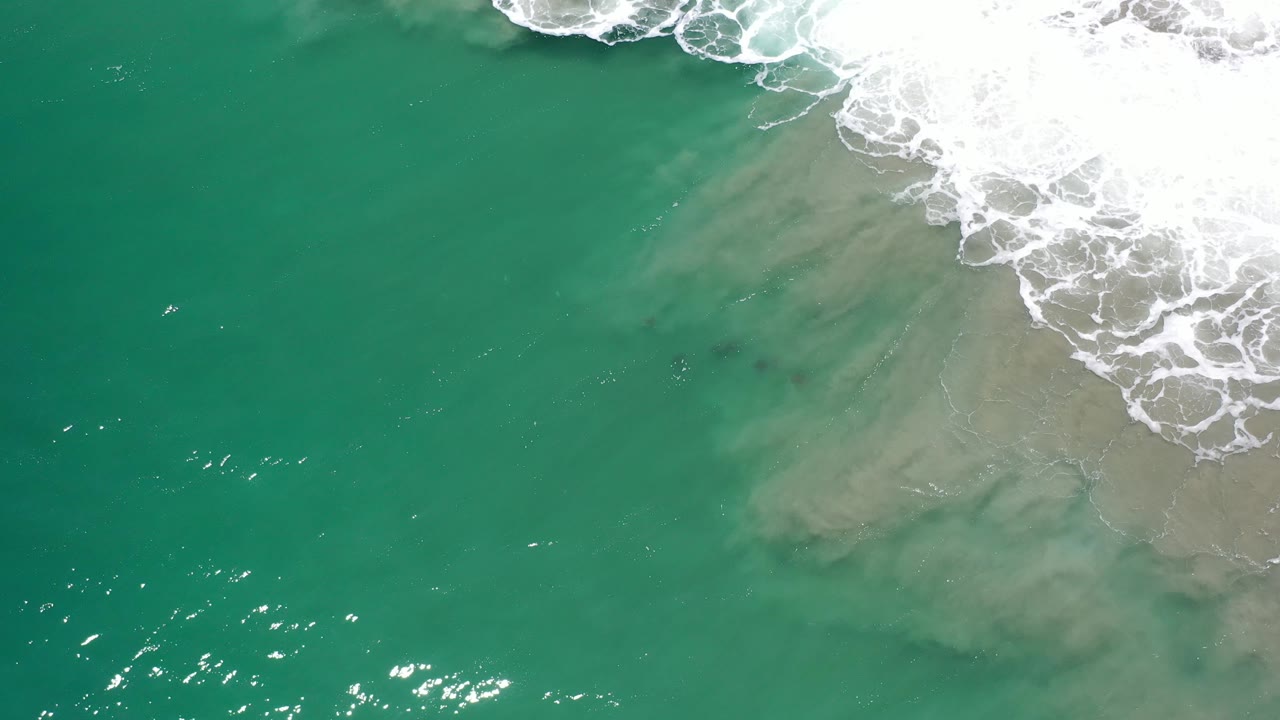 Green sea surface with bright water reflections and surf foam at the top right.