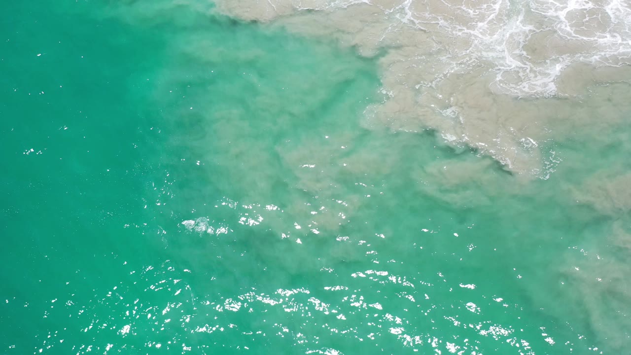 Turquoise ocean surface with surf foam and pale sand along the top edge.