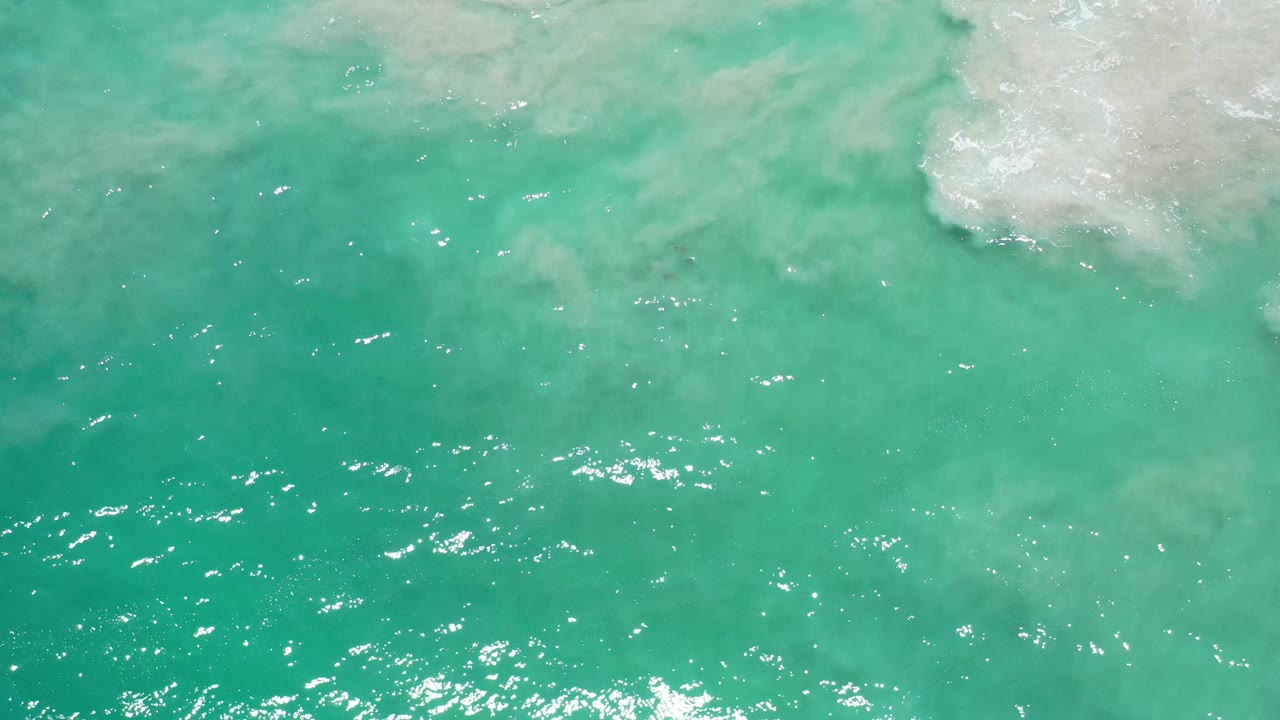 Aerial-style frame of turquoise Los Cabos water with scattered white highlights, faint underwater sand patterns, and a pale shallow area at the upper right, no visible people.