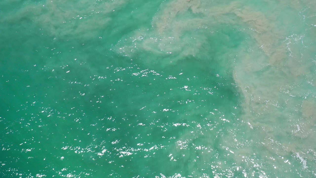 Overhead view of green Los Cabos ocean water with pale sandbar swirls, bright surface reflections, and no visible people.