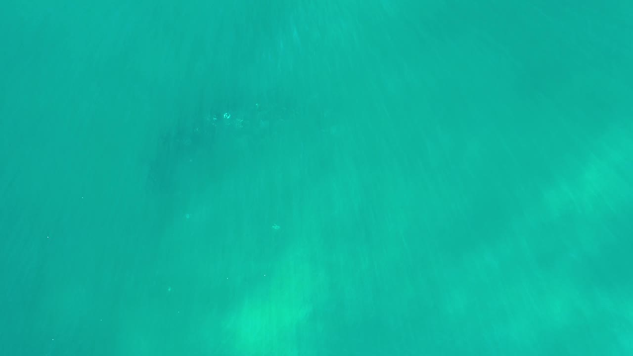 Aerial view over green water in Los Cabos, Mexico, with faint darker underwater areas near the upper portion and no visible people.