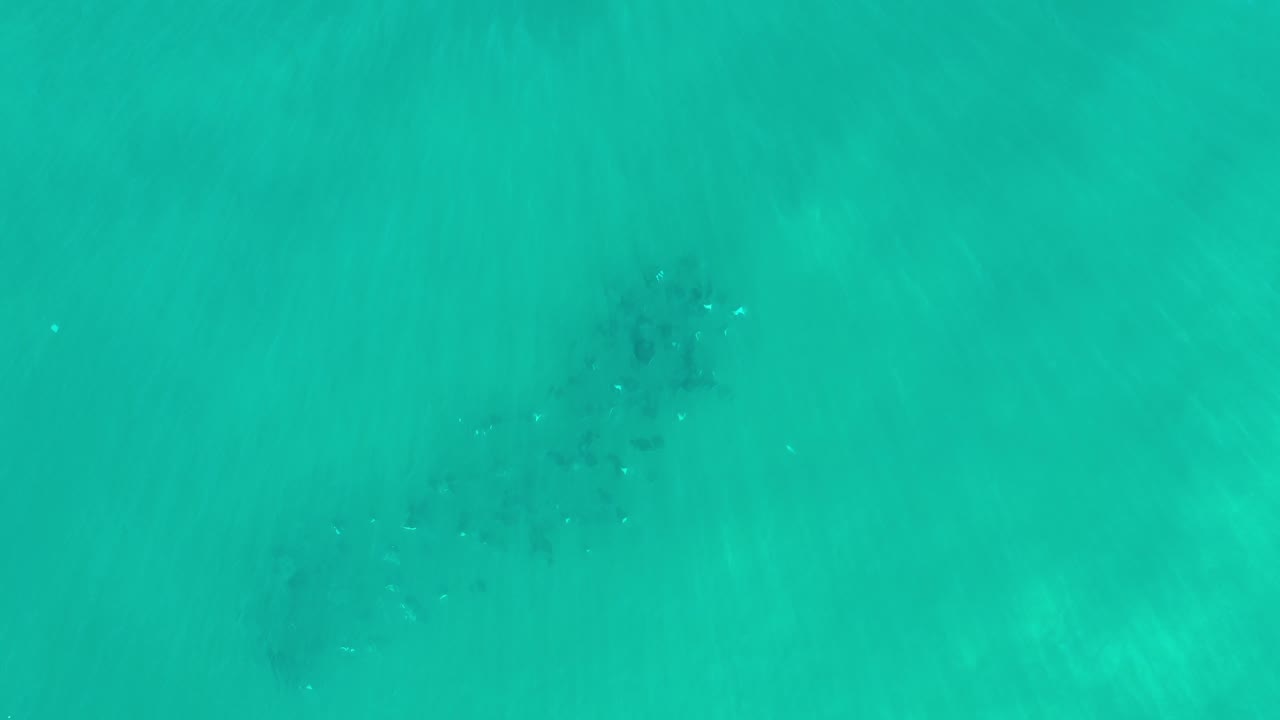 Turquoise overhead water with a darker underwater area near the upper right.