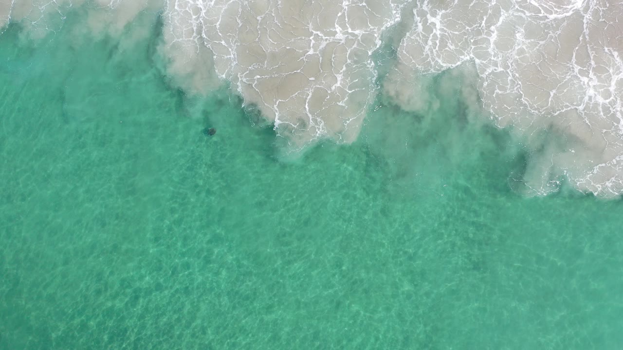 Clear blue-green ocean with white breaking surf above and a small dark turtle below the surface.
