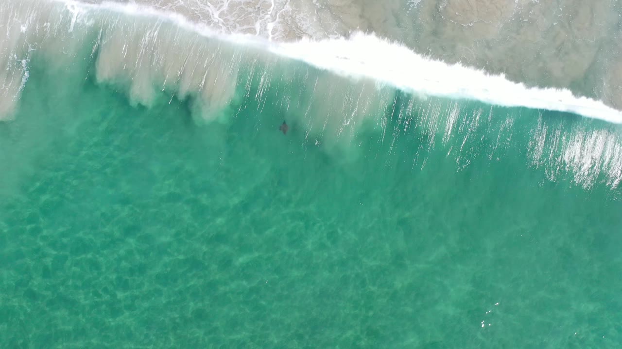 A top-down Los Cabos water frame shows a foamy wave band near the top and transparent blue-green shallows filling the frame, with no visible people.