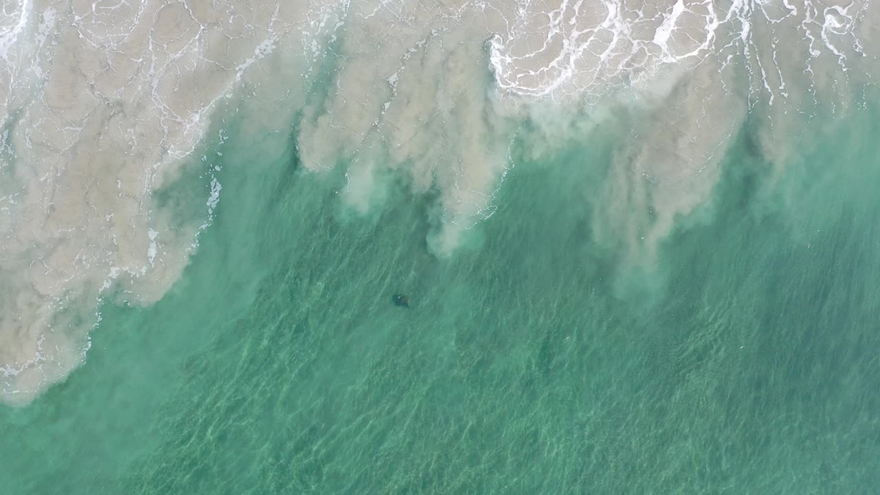 Top-down beach water with pale sand and a dark underwater spot.