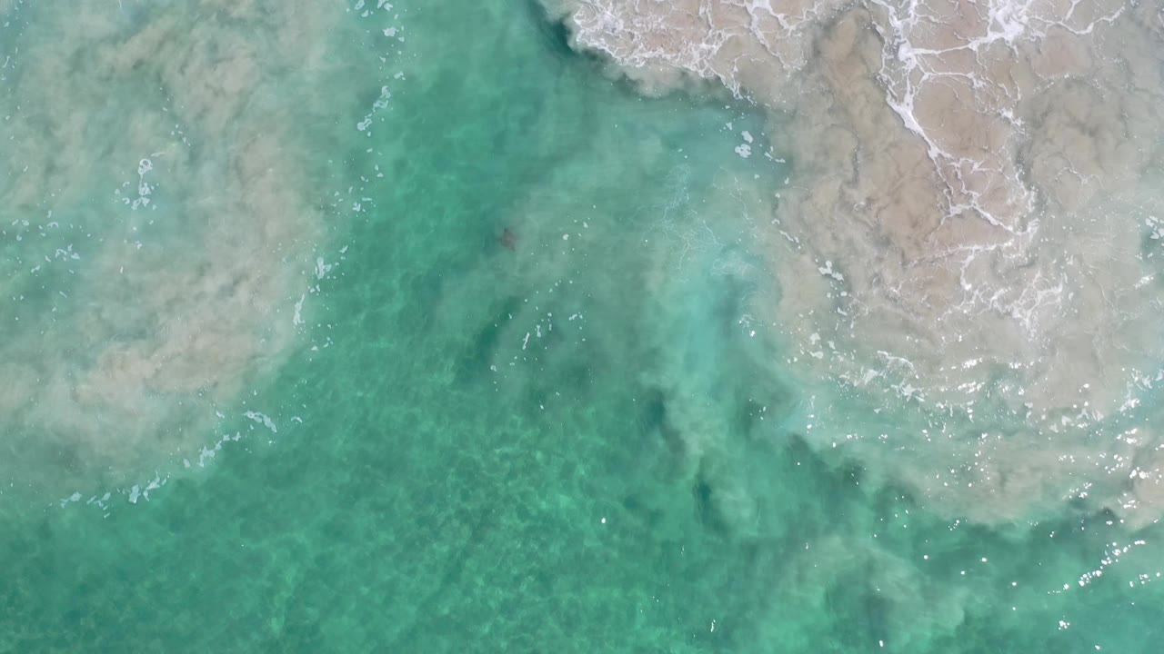 Downward view over shallow Los Cabos water, where pale sandbars show through green-blue water and small foam flecks cross the frame with no visible people.