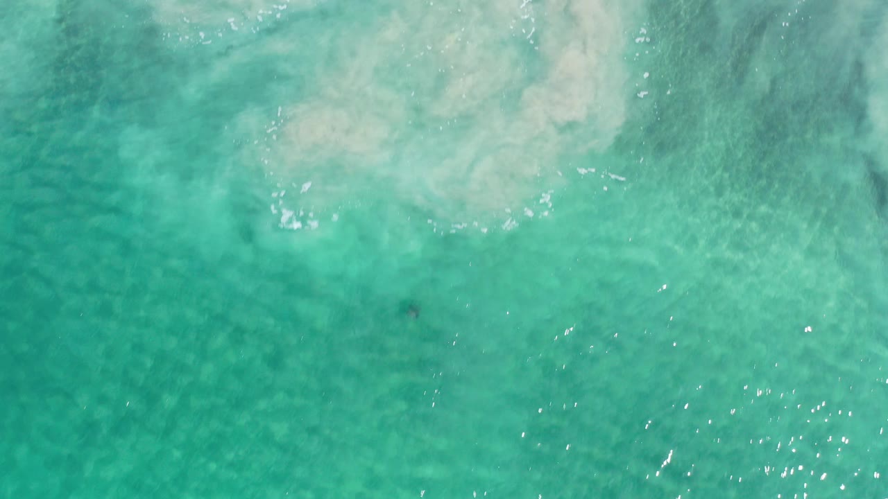 Overhead view of green-turquoise sea in Los Cabos, Mexico, with a pale foamy patch near the top edge and no visible people.