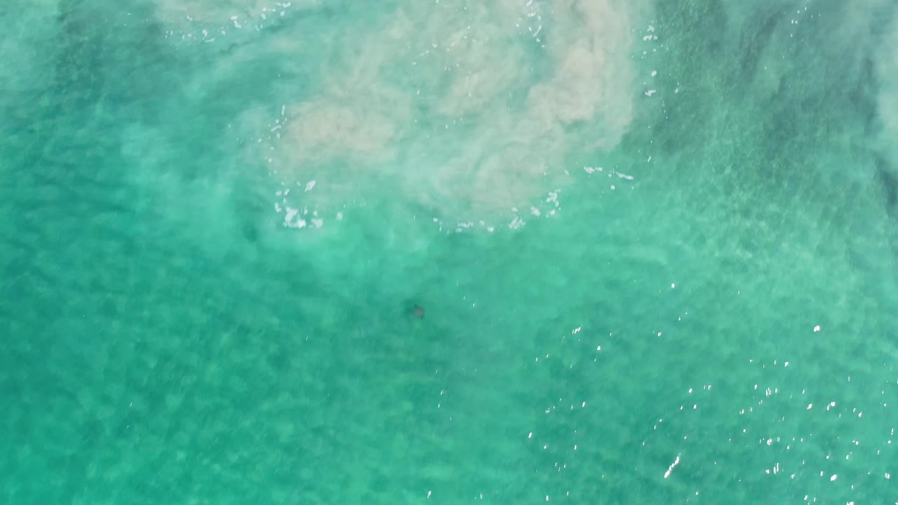 Overhead Los Cabos water frame with green ripples, scattered sun sparkle, a small dark underwater patch, and no visible people.