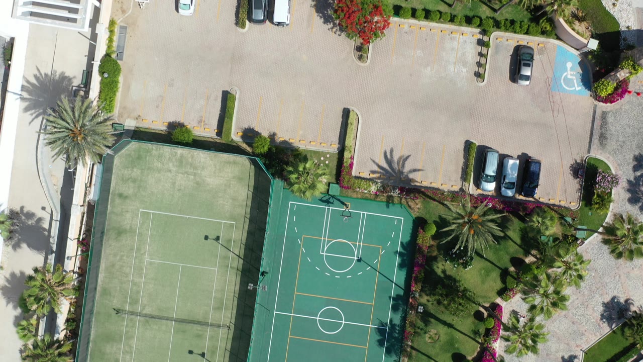 Overhead view of sports courts, parking lot, cars, palms, and road edge.