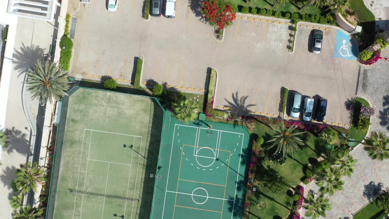 Top-down Los Cabos view centered on green sports courts beside a mostly open parking lot, palm trees, flowering shrubs, and no visible people.