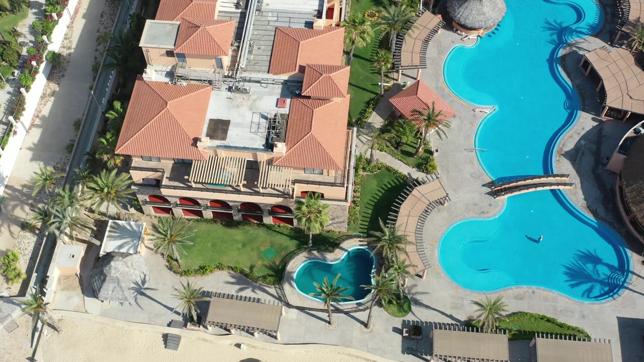 Aerial view in Los Cabos showing the resort roofline left of two curved blue pool sections, with palm shadows crossing the pool deck and no visible people.