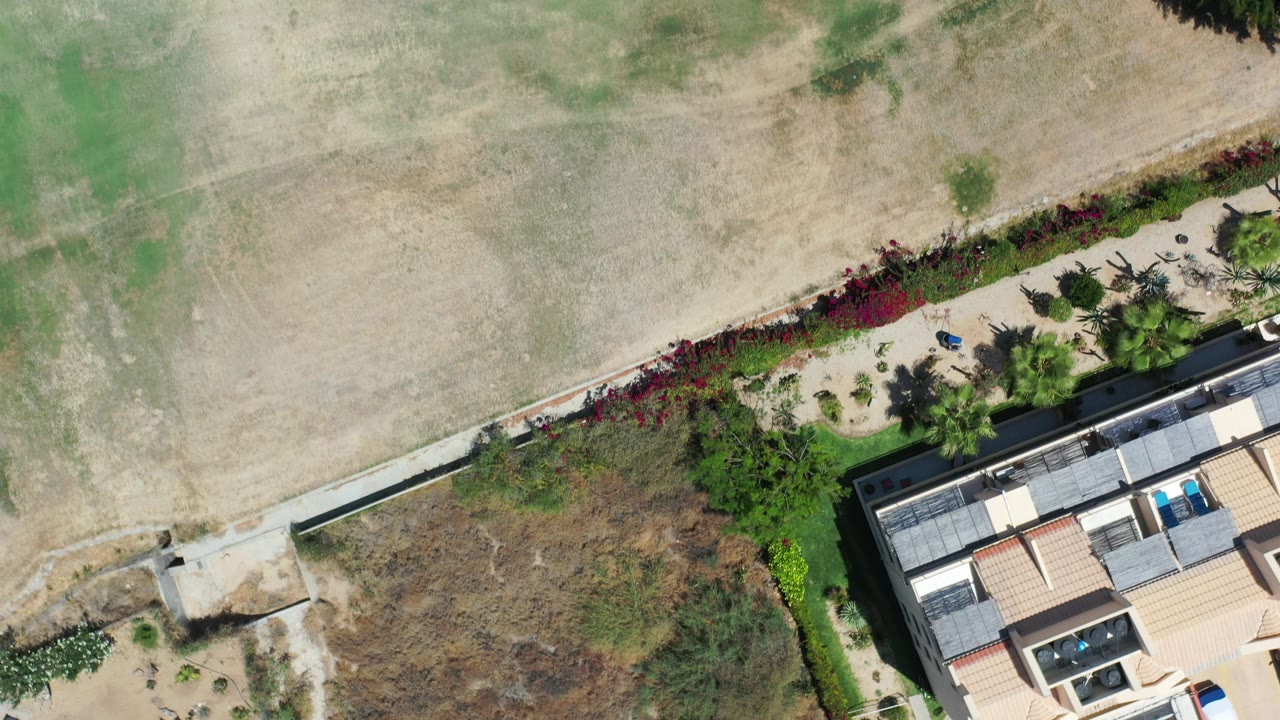 Overhead view of dry lawn, garden edge, and residential roof.