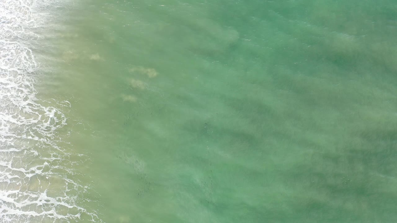 Top-down ocean surface with shore foam near the left edge