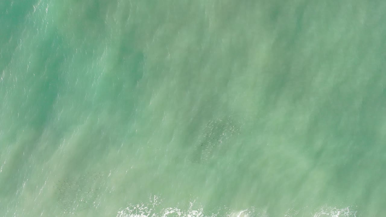 Overhead view of pale turquoise ocean water in Los Cabos, Mexico, with faint white surf foam along the lower edge and no visible people.