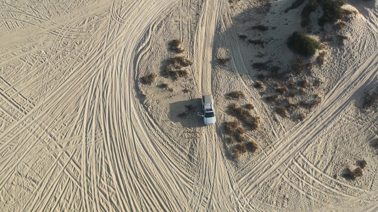 White car below scrub island on tracked sand
