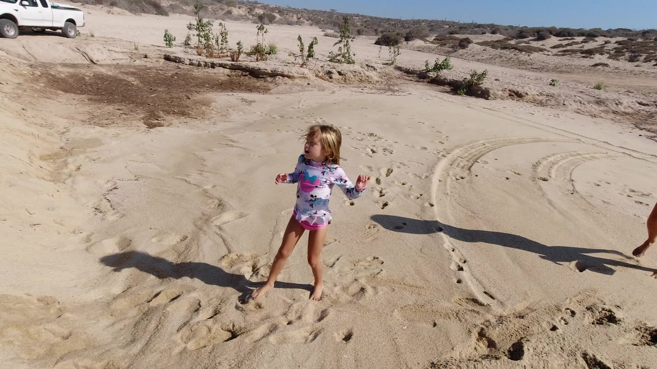 Young girl standing on sandy beach with a white pickup at the dune edge.