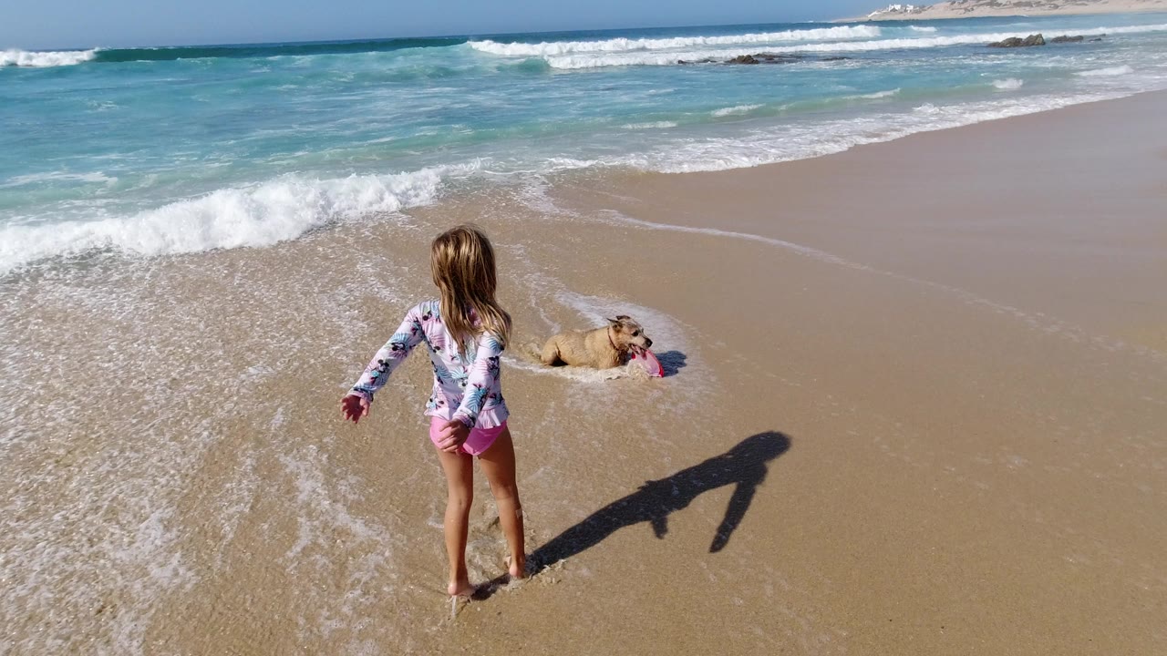 In Los Cabos, Mexico, a young girl stands near the wash of a wave while a tan dog lies on the sand beside a red object, with surf and rocks in the background.