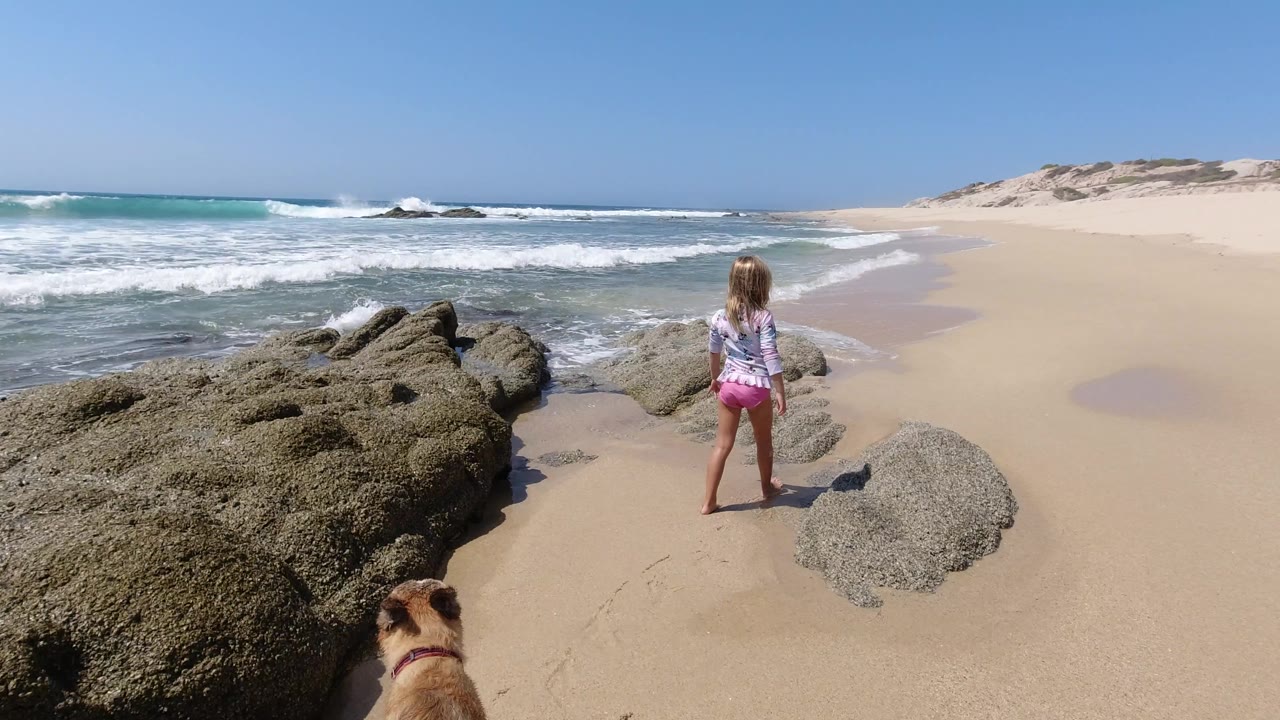 At 0:01 in Los Cabos, Mexico, the girl stands farther from the foreground dog, with dark rocks to her left and white surf spreading behind her.