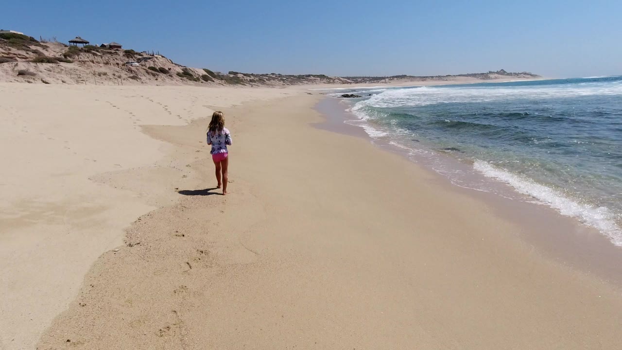 Young girl walking away along a sandy beach beside the surf.