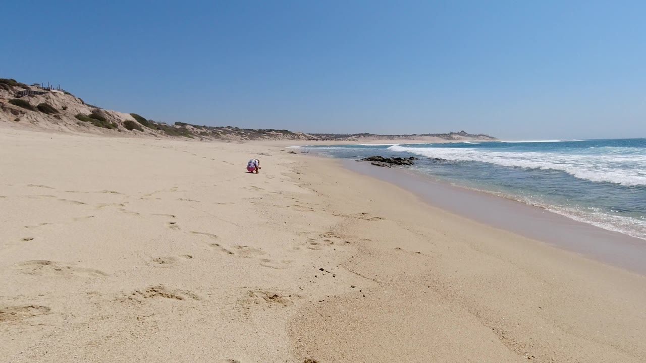 Beach and blue water with white surf curling near shore