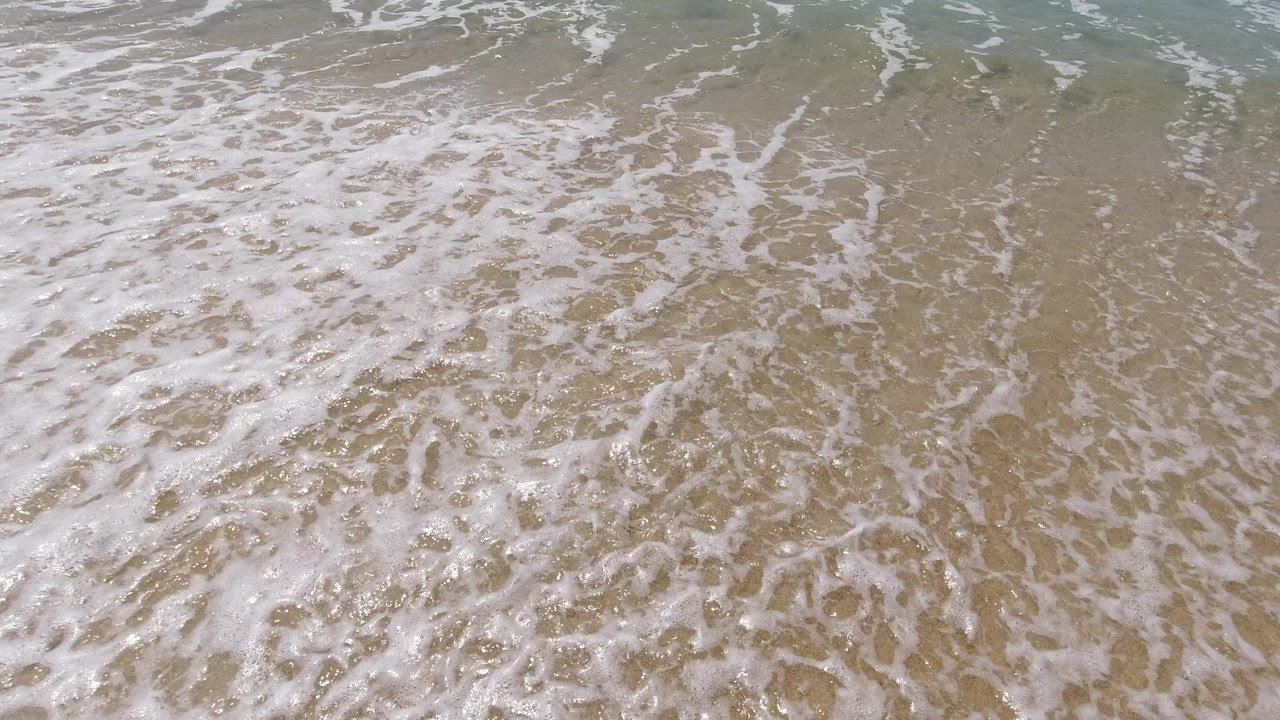 White foam forms branching patterns across shallow beige-green water in Los Cabos, Mexico, with no visible people or objects.