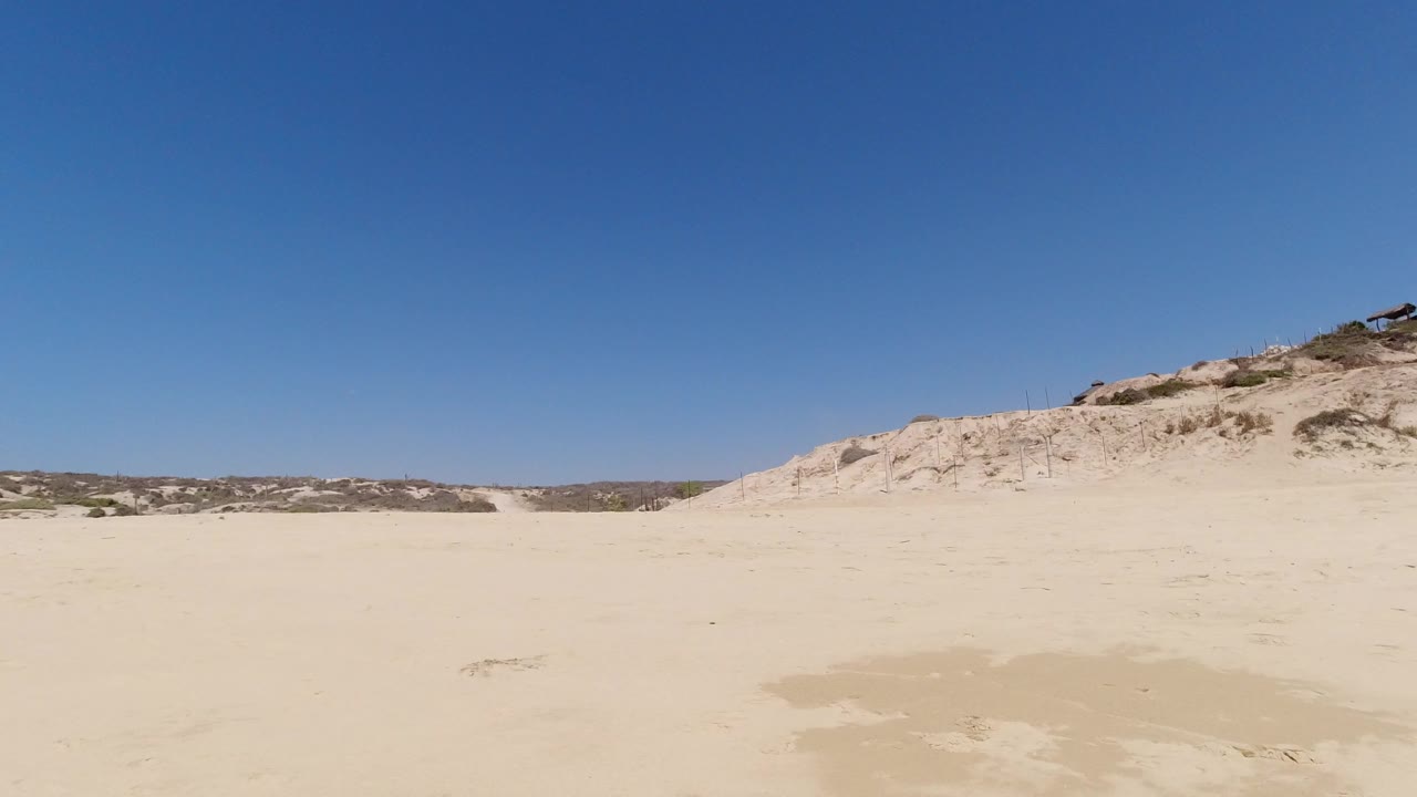 Wide sandy desert with dunes under a blue sky