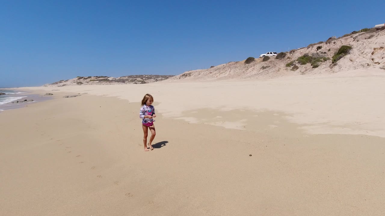 Young girl standing on a wide sandy beach near the ocean edge.