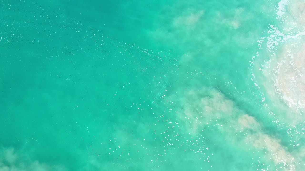 Overhead view of turquoise and green sea water in Los Cabos, Mexico, with pale surf foam entering from the right side and no visible people.