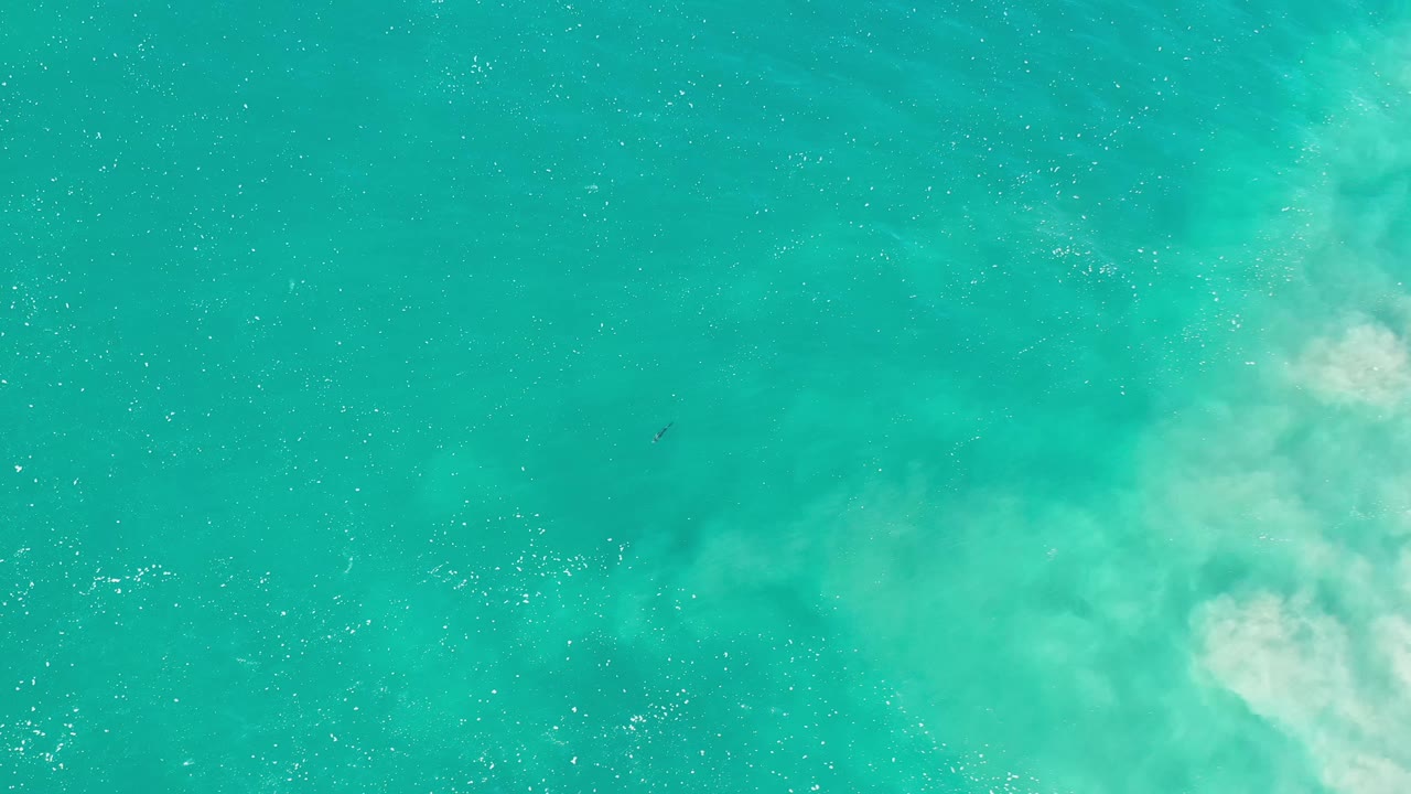 Emerald water in Los Cabos, Mexico, with a soft sand plume spreading across the lower right area and no visible people.