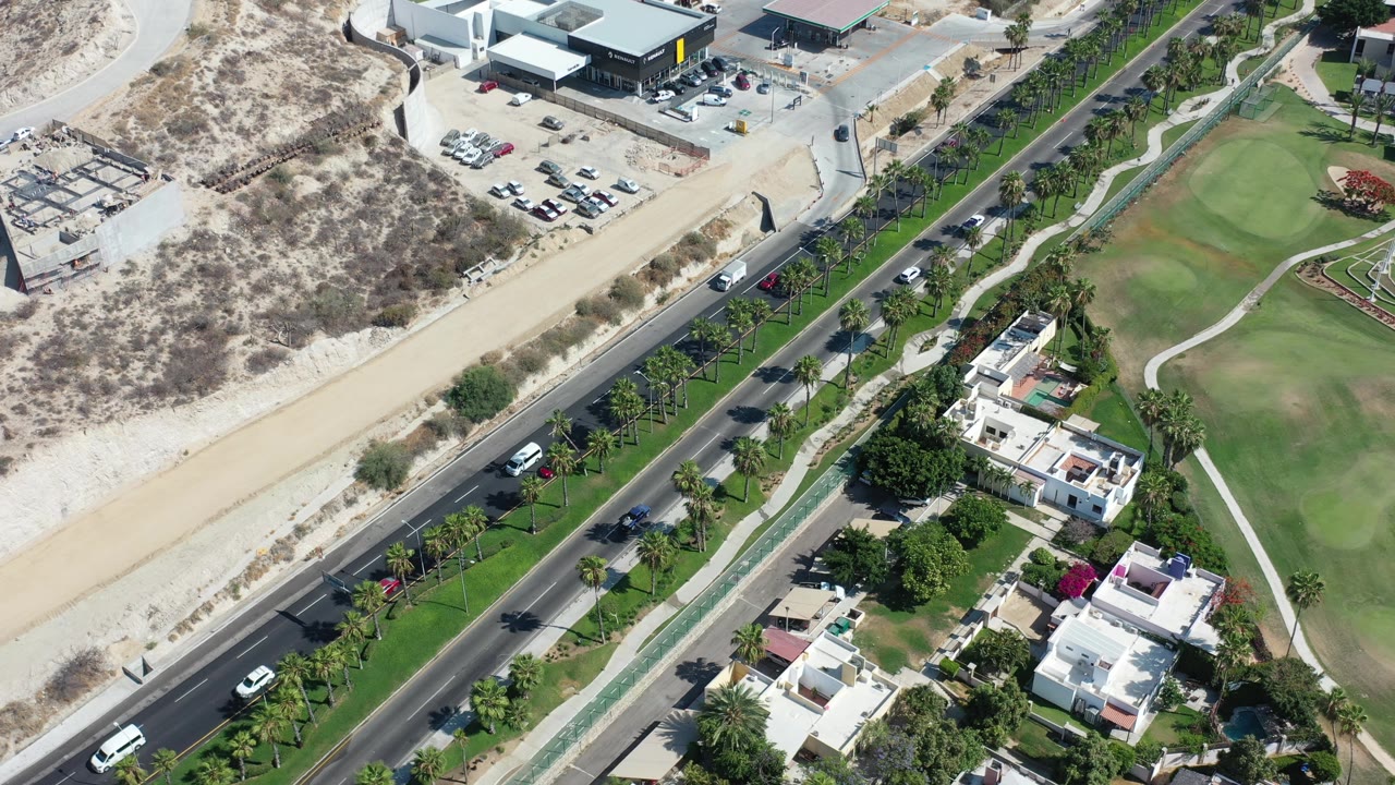 Overhead road traffic passing palms, houses, paths, and green turf.