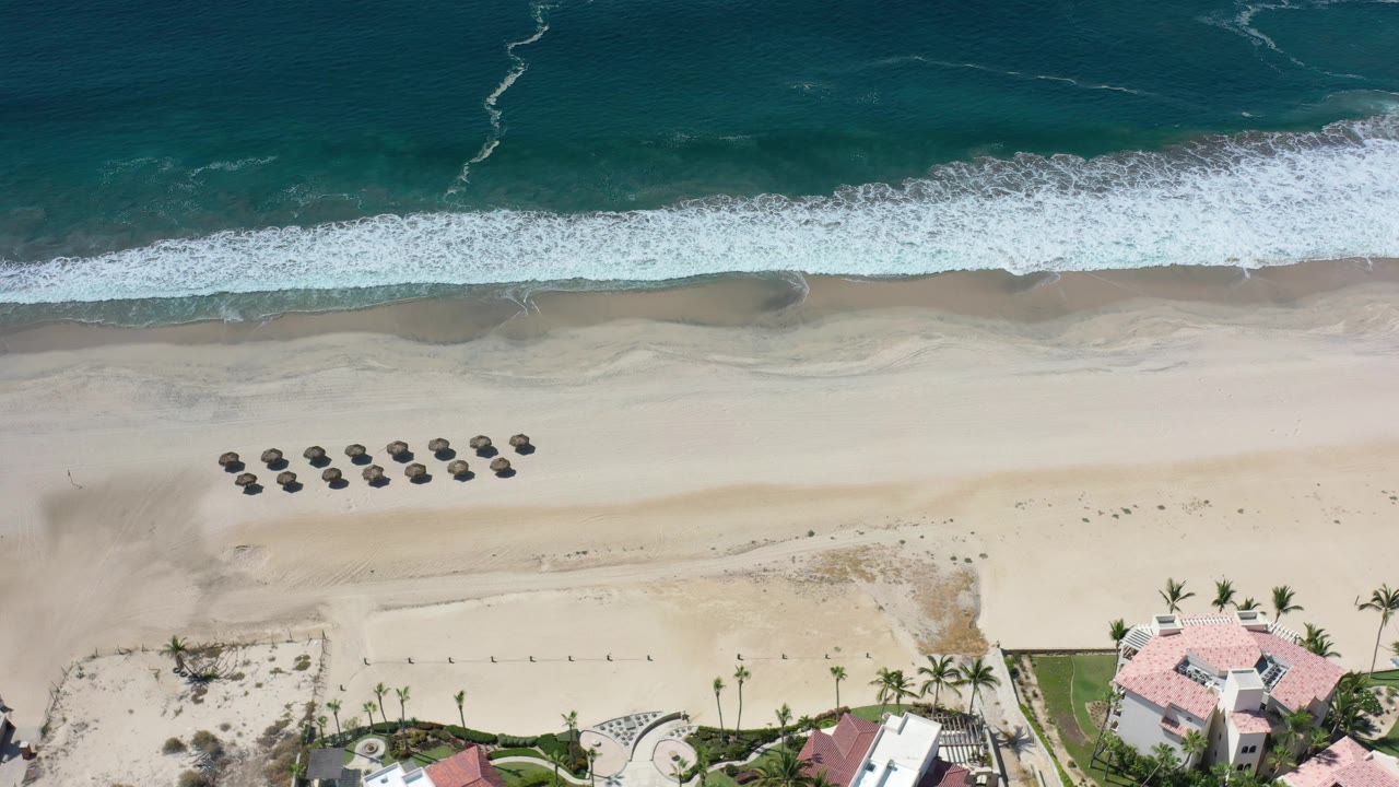Aerial Los Cabos beach frame with foamy waves approaching the sand, a compact grid of dark umbrellas left of center, beachfront roofs at the bottom edge, and no visible people.