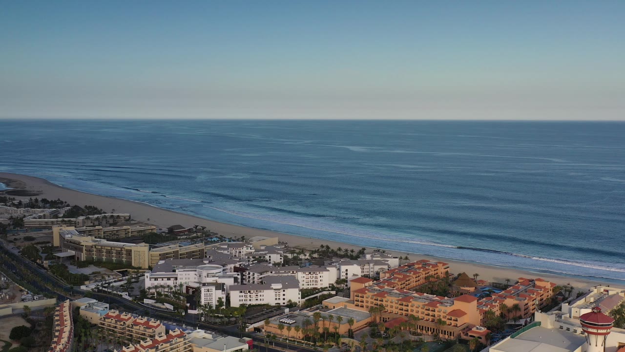 High coastal view with waves, sand, roadside palms, and low buildings.