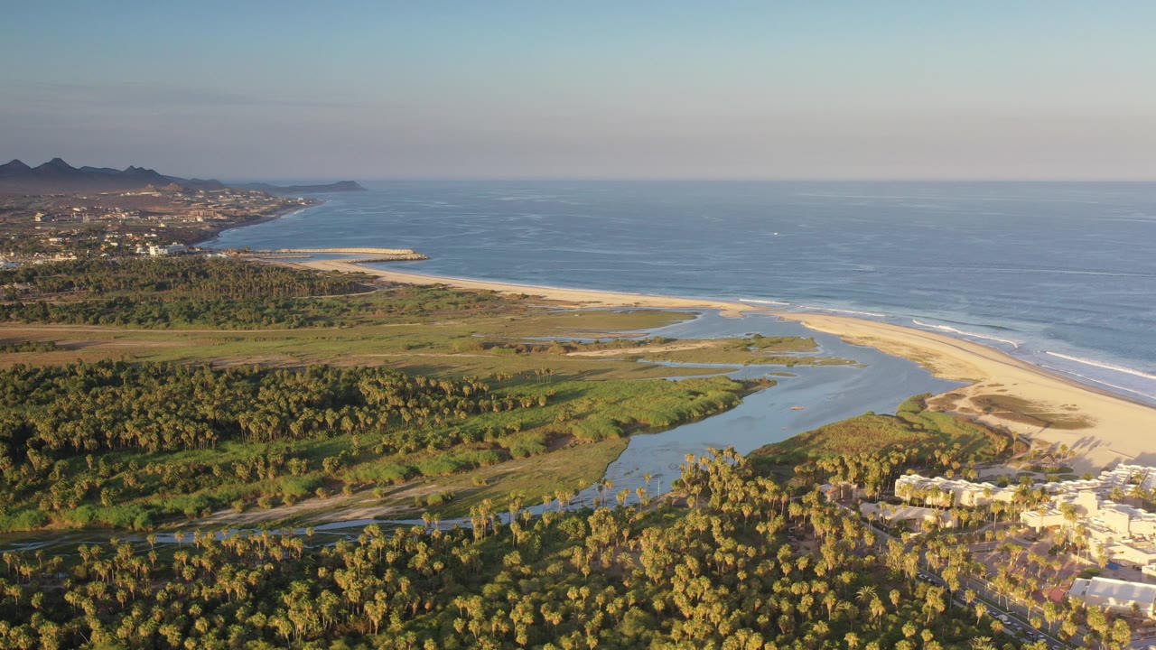 Aerial coast view with palms, lagoon, beach, ocean, and distant hills.