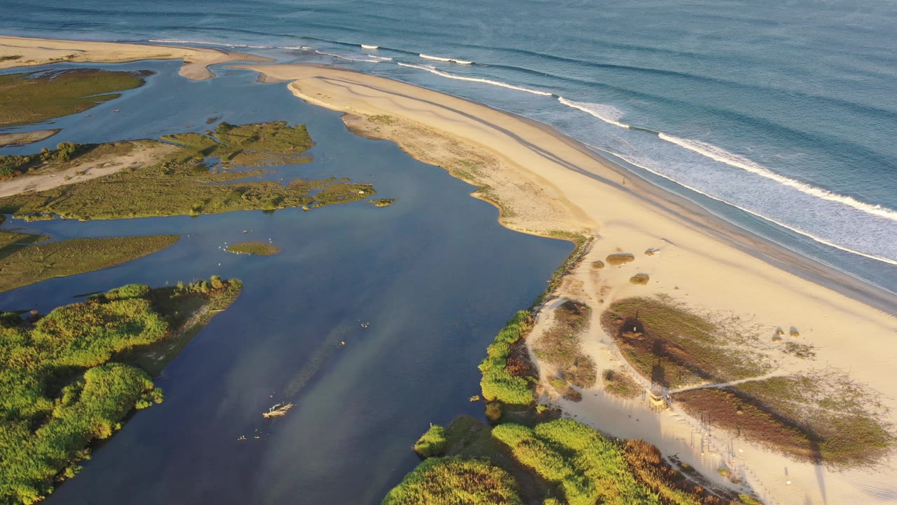 Sandbar and ocean shoreline seen from above with lagoon vegetation nearby.