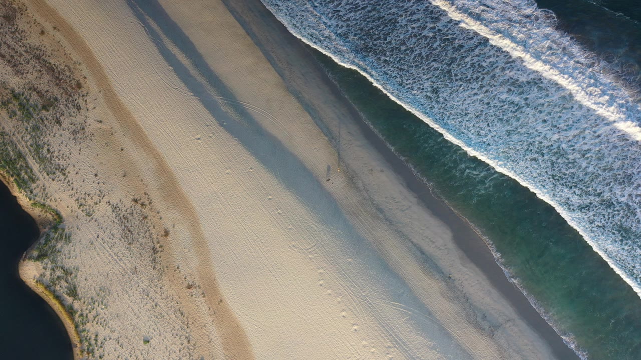Overhead surf and gold sand with dune scrub at the edge