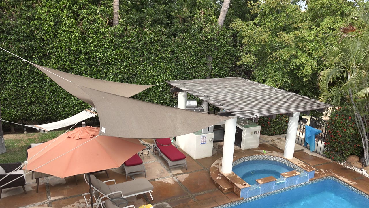 Aerial angle over a pool, tiled deck, shaded lounge area, palms, and hedges.