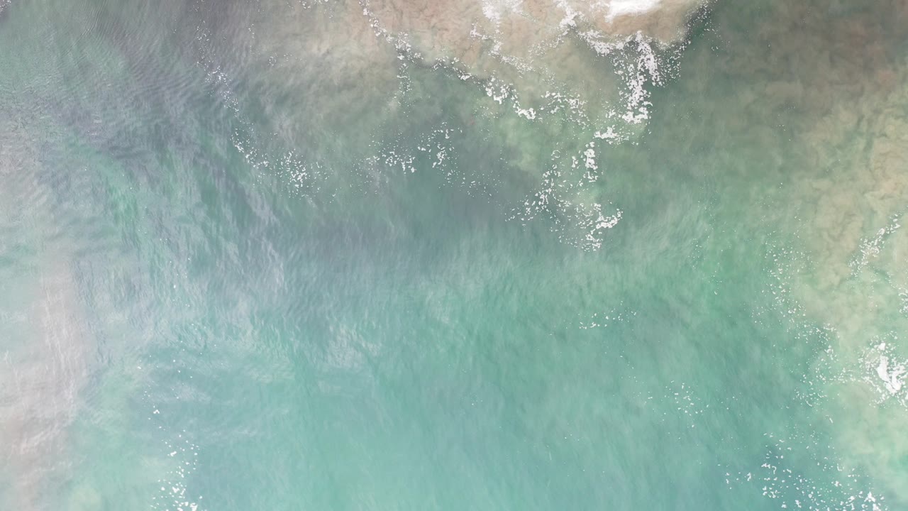 Overhead view of turquoise ocean in Los Cabos, Mexico, with brown-green algae beneath the surface, scattered foam near the top edge, and no visible people.