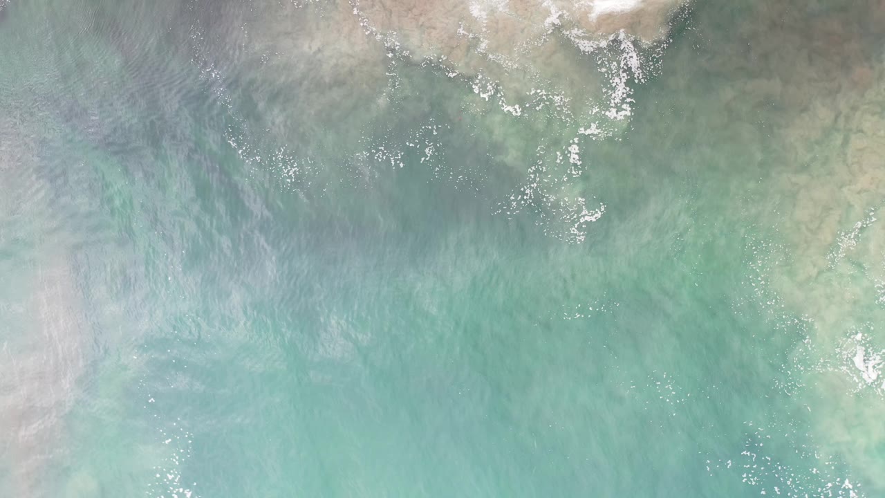 Pale aqua ocean surface in Los Cabos, Mexico, with hazy green-brown plant forms below the water, bright foam specks near the upper edge, and no visible people.