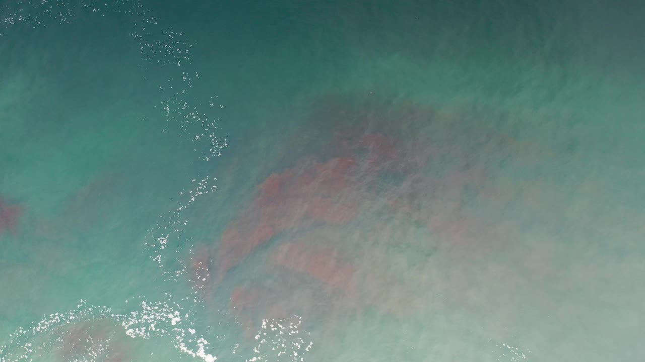 Submerged reddish rocks beneath green water