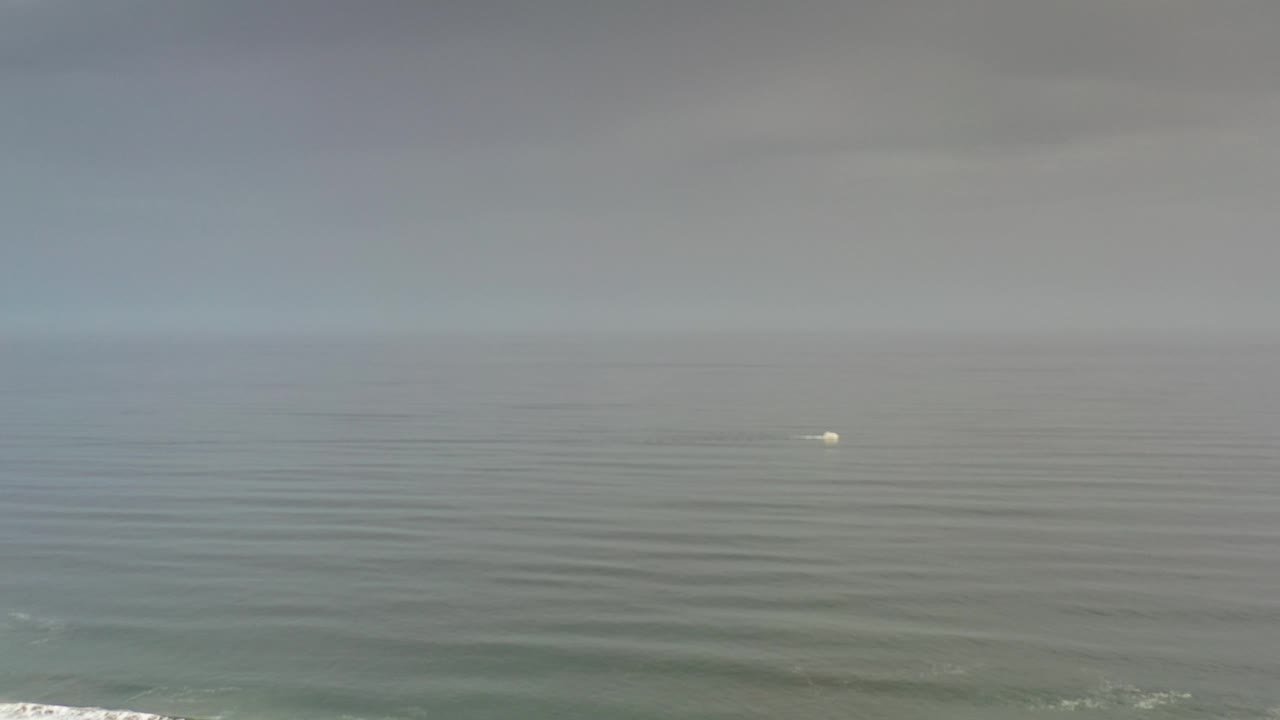 Small white blur floating on gray-blue ocean beneath haze.