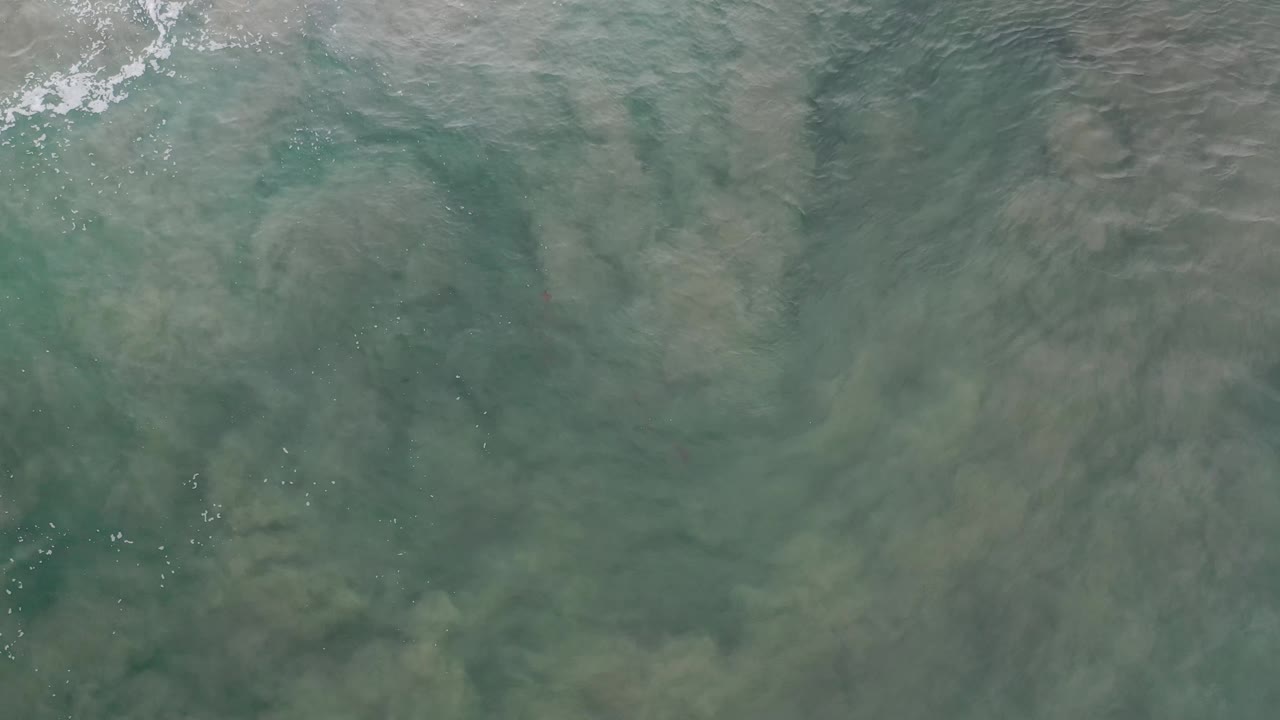 Overhead frame of clear green surf in Los Cabos, Mexico, with suspended sand forming soft streaks and no visible people.