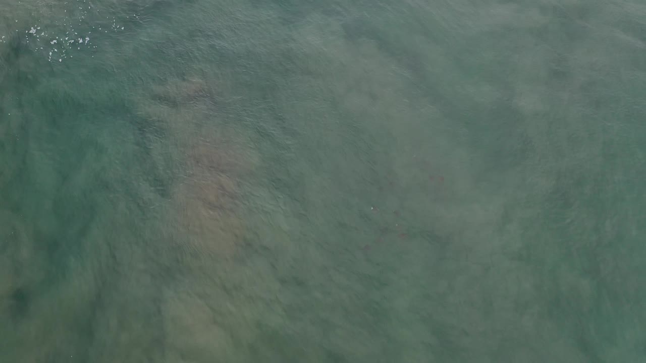 Overhead water texture with a small cluster of white bubbles near the top.