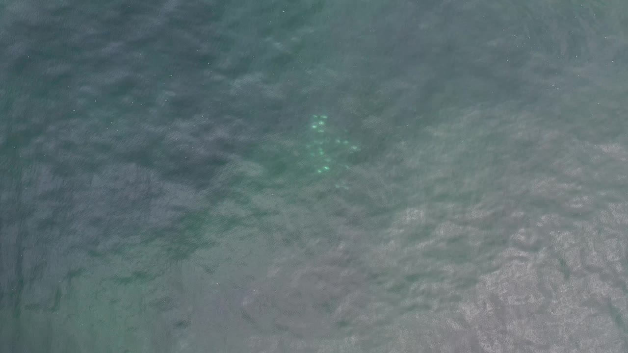 Sunlit Los Cabos ocean surface seen from above, with small wave patterns and a cluster of green-white glints near the upper center, no visible people.