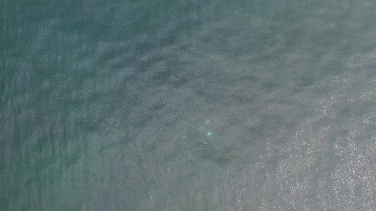 Overhead calm sea with textured ripples and bright reflection.