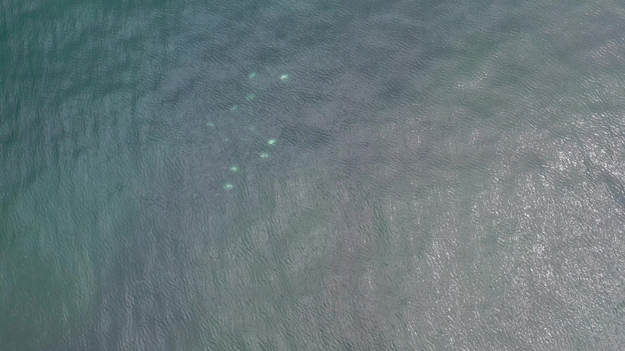 Aerial view of rippled Los Cabos ocean water with faint pale highlights near the upper left, a broad gray-green shallows area, and no visible people.