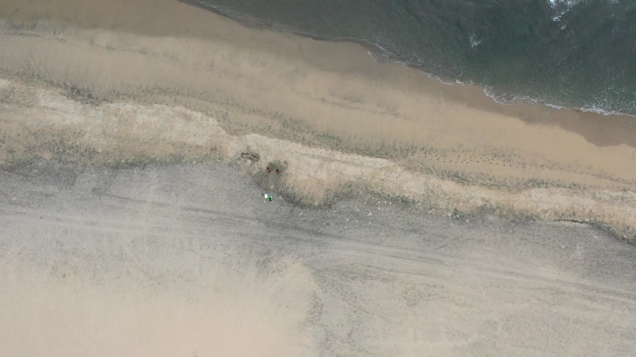 Top-down Los Cabos shoreline view with muted green water, a narrow foam edge, broad tan sand, and tiny figures near the upper beach.