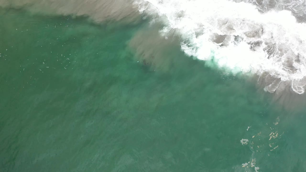 Overhead view in Los Cabos with a broad white foam patch at the top, translucent green water below, muted sand visible through the wave, and no visible people.
