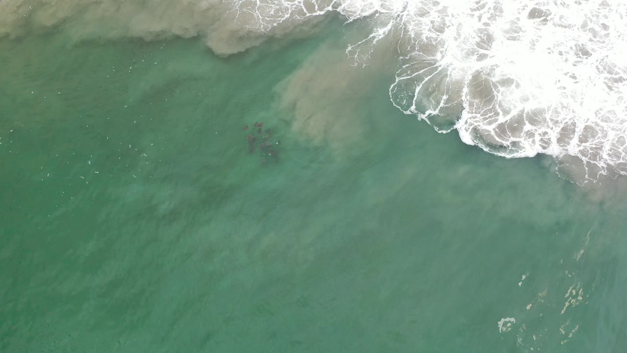 Overhead view of green-blue ocean water in Los Cabos, Mexico, with white foam at the upper edge and no visible people.
